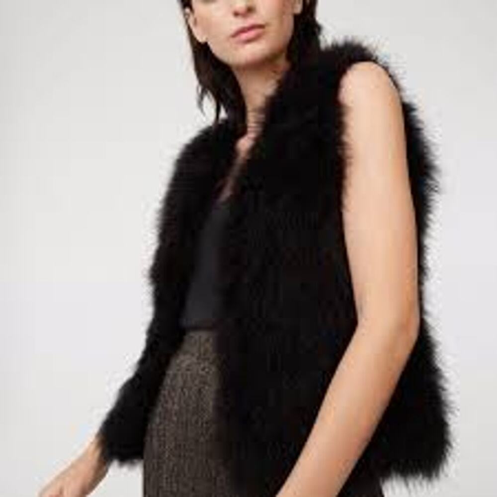 Club Monaco Black Noir Marabou Feather Open Vest, Boho Chic, Violet, Size XS